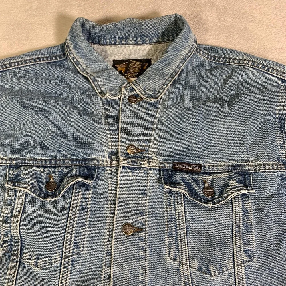 Vintage Harley Davidson Jacket Mens 2XL Blue Denim Eagle Racing Patch Motorcycle